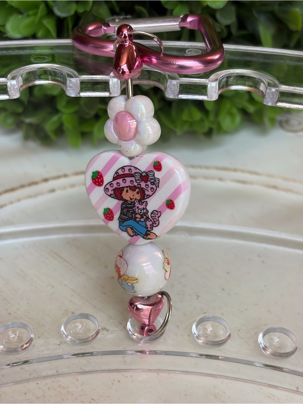 Kids Pink Strawberry Heart Charm Keychain - Cute Floral Bead Accessory